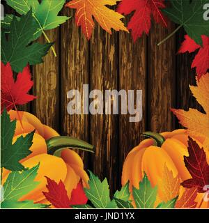 Autumn leaves frame and pumpkins on wooden texture Stock Vector
