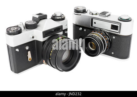 Warsaw, Poland - February 02, 2017: Two retro film photo cameras isolated on white background; Vintage photo equipment Stock Photo
