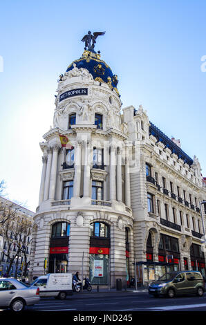 The Metropolis Building situated on the corner of Calle de Alcala and Gran Via in Madrid the capital of Spain Stock Photo
