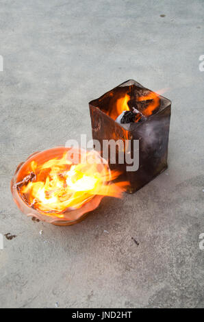 People burn joss paper gold and silver paper for worship with paper made to resemble money and burned as sacrificial offering for pray to god and memo Stock Photo