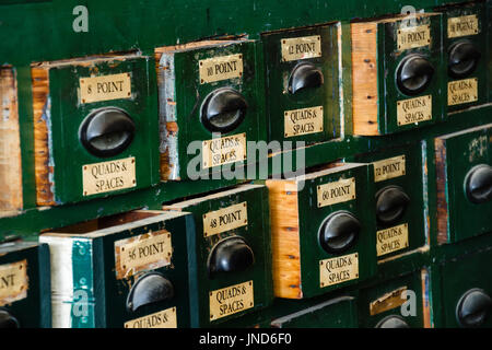 Green antique row of drawers for letters and spaces in print shop Stock Photo