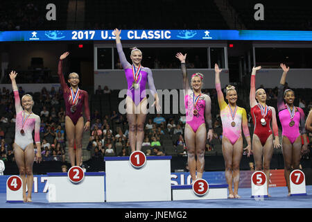 July 29, 2016: Gymnast Jade Perry wins the floor exercise at the 2017 U.S. Classic at the Sears Centre in Hoffman Estates, IL. Morgan Hurd placed second, Emily Gaskins third, Riley McCusker fourth, Abby Paulson and Alyona Schennikova tied for fifth, and Shania Adams was seventh. Melissa J. Perenson/CSM Stock Photo