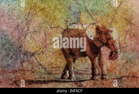 Fine art watercolor batik painting on rice paper of elephant walking across savannah.  Watercolor painting of elephant walking in savannah. Stock Photo