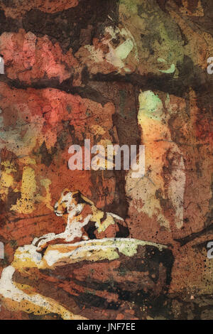 Fine art watercolor batik painting of lionesses lying on rock at the North Carolina zoo.  Lion art watercolor painting North Carolina zoo animal Stock Photo