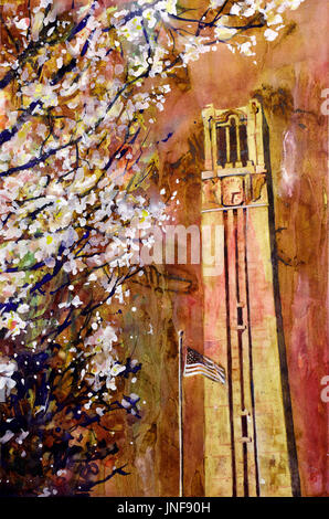 Watercolor painting of the North Carolina Statue University Bell-Tower in Raleigh, NC at dusk.  NCSU Bell-Tower at sunset in the city of Raleigh Stock Photo
