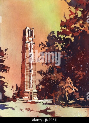 Watercolor painting of the North Carolina Statue University Bell-Tower in Raleigh, NC at dusk.  NCSU Bell-Tower at sunset in the city of Raleigh Stock Photo