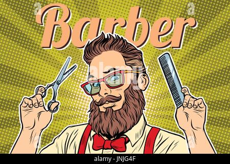 bearded hipster barber with scissors and comb. Pop art retro vector illustration Stock Vector