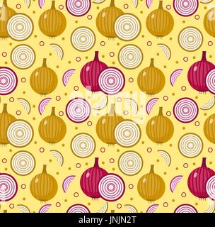 Onions seamless pattern. Bulb onion endless background, texture. Vegetable background. Vector illustration. Stock Vector