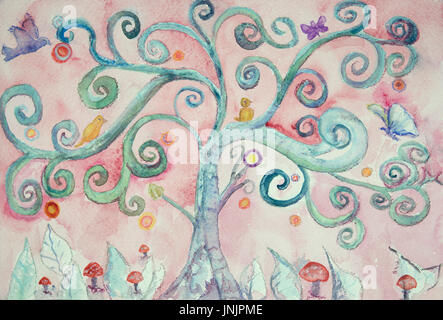 An imaginary turquoise lunatic tree. The dabbing technique near the edges gives a soft focus effect due to the altered surface roughness of the paper. Stock Photo