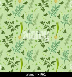 Herbs seamless pattern. Parsley, dill, razmarin endless background, texture. Vegetable backdrop Vector illustration. Stock Vector