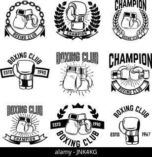 Set of monochrome boxing club emblems on white background. Design elements for logo, label, emblem, sign. Vector illustration Stock Vector