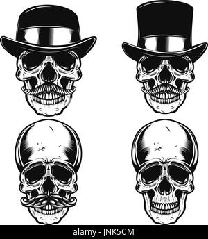 Set of skulls in vintage hats. Skull with moustache. Design elements for poster, t shirt. Vector illustration Stock Vector