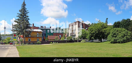 VILNIUS, LITHUANIA - JULY  06, 2017:  Fragment of the street, green lawns and creative apartment buildings in the historic elite central area of the L Stock Photo