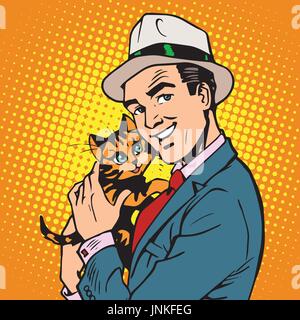 avatar portrait man with a kitten. Pop art retro vector illustration Stock Vector