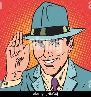 avatar portrait of man raised a hand, greeting. Pop art retro vector illustration Stock Vector