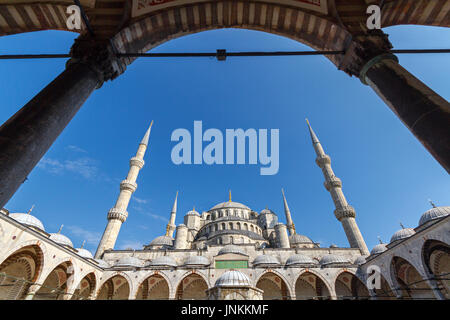View over the Blue Mosque through arches, Istanbul, Turkey Stock Photo
