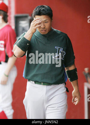 Tampa Bay Devil Rays Akinori Iwamura connect with the baseball in the first  inning against the New York Yankees at Yankee Stadium in New York City on  July 22, 2007. (UPI Photo/John