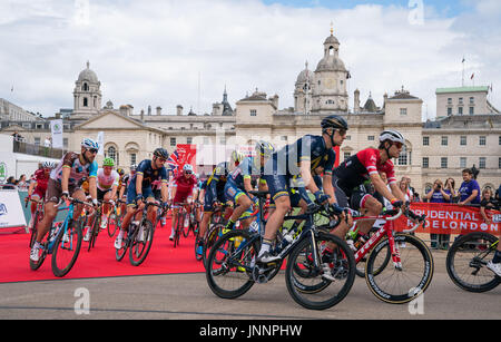 Riders set off from Horse Guards Parade, London, at the start of the Prudential RideLondon-Surrey Classic during day two of the Prudential Ride London. Stock Photo