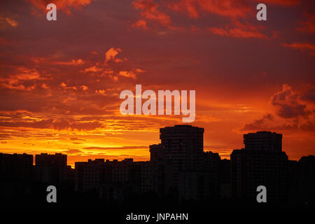 Beautiful sunset scene in the city with dark silhouettes of buildings Stock Photo