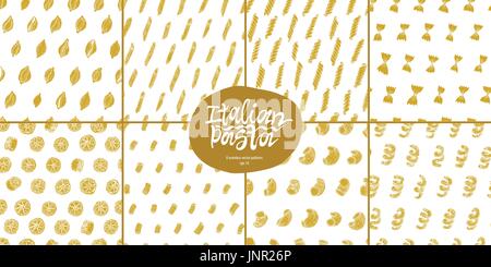Different kinds of Italian pasta seamles vector pattern set. Stock Vector