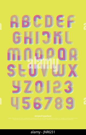colorful alphabet letters and numbers with striped pattern. vector, bright font type. regular typeface geometric design. contemporary, textured typese Stock Vector