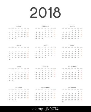 Simple template for printing modern calendar 2018 in Spanish. Week starts from Monday Stock Vector