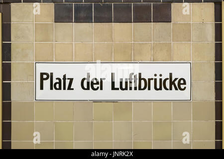 Station sign at subway station Platz der Luftbrucke, Berlin, Germany. Stock Photo