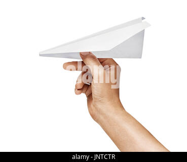 Man's hand holding paper plane isolated on white background. Close up. High resolution product Stock Photo