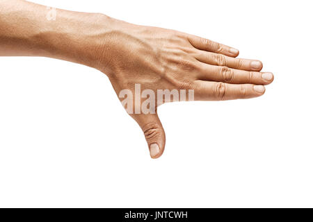 Man's hand closes something isolated on white background. Close up. High resolution product Stock Photo
