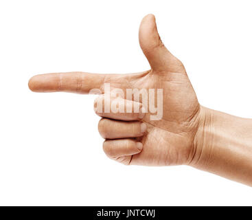 Man's hand points a finger at something isolated on white background. High resolution product. Close up Stock Photo