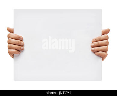 Copy space for your text. Man's hands holding empty board isolated on white background. Close up. High resolution Stock Photo