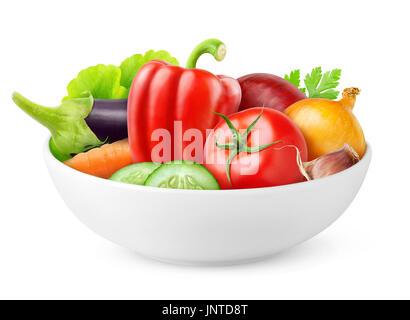 Isolated vegetables. Various fresh vegetables (tomato, cucumber, pepper, capsicum, eggplant, onion, carrot) in ceramic bowl isolated on white backgrou Stock Photo