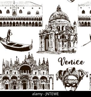 Venice architectural symbols seamless pattern vector set: gondola, Carnival mask, palazzo Ducale, basilica, San Marco, Santa Maria della Salute, sketc Stock Vector