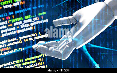 Artificial intelligence (AI) advisor or robo-advisor , machine and deep learning automation technology concept.3d rendering Robot hand , blur coded pr Stock Photo