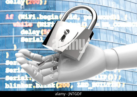 Cyber security network iot technology with artificial intelligence (ai) concept. Master keys on robot hand and code of networking virtual graphic and  Stock Photo