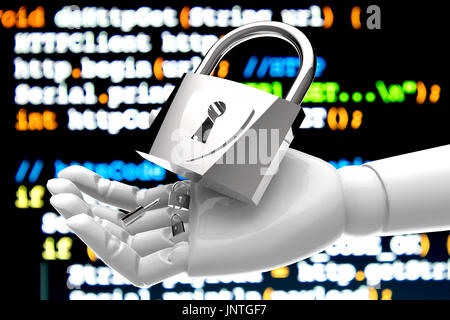 Cyber security network in iot technology with artificial intelligence (ai) concept. Master keys on robot hand and code of networking virtual graphic a Stock Photo