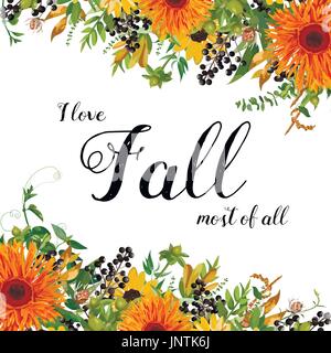 Vector floral autumn design card. Orange, yellow sunflower gerbera daisy thistle berry flower eucalyptus leaves. Greeting, invite wedding editable. Sq Stock Vector