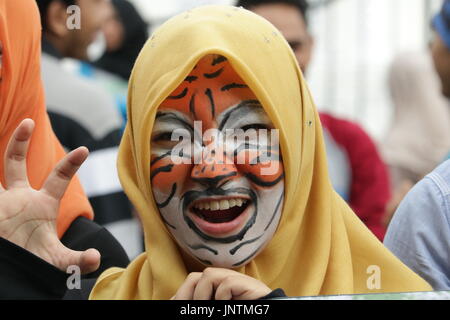 Banda Aceh, Indonesia. 30th July, 2017. Dozens of people from various elements took action to commemorate World Tiger Day 2017. The action was colored with theatrical, some participants also painted his face like a tiger. Indonesia once had three types of tigers, Javan tigers and Bali tigers, already declared extinct. While the Sumatran tiger population continues to decrease because many are hunted. Credit: Abdul Hadi Firsawan/Pacific Press/Alamy Live News Stock Photo