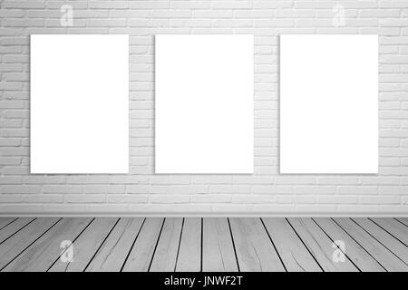 Three isolated art canvas on brick wall for mockup. Empty gallery