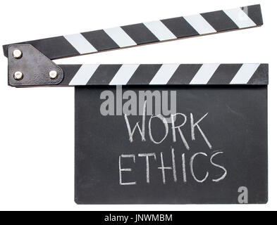 work ethics in white chalk on clapboard isolated on white Stock Photo