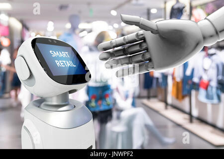 Smart retail sales and crm robot assistant or adviser technology concept. 3D rendering robot hand show robo-advisor display text on screen with blur s Stock Photo