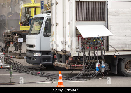Temporary outdoors mobile distribution station, close-up view of power cables and sockets. Stock Photo