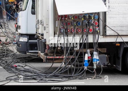 Temporary outdoors mobile distribution station, close-up view of power cables and sockets. Stock Photo