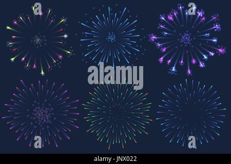 Set of Vector colorful Firework illustration on dark background Stock Vector