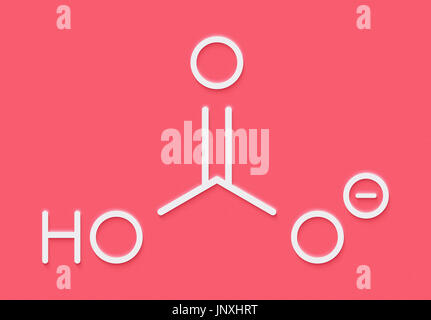 Bicarbonate anion, chemical structure. Common salts include sodium bicarbonate (baking soda) and ammonium bicarbonate. Skeletal formula. Stock Photo