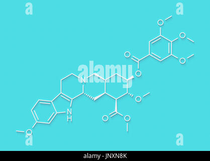 Reserpine alkaloid molecule. Isolated from Rauwolfia serpentina (Indian snakeroot). Skeletal formula. Stock Photo