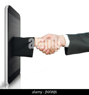 Handshake between two people through a mobile device Stock Photo