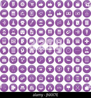 100 business strategy icons set purple Stock Vector