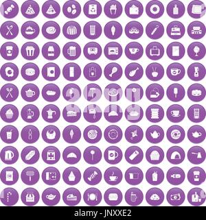 100 cafe icons set purple Stock Vector