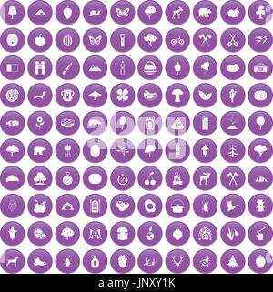 100 camping and nature icons set purple Stock Vector